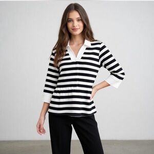 Marsh Landing Black and White Striped Polo Top